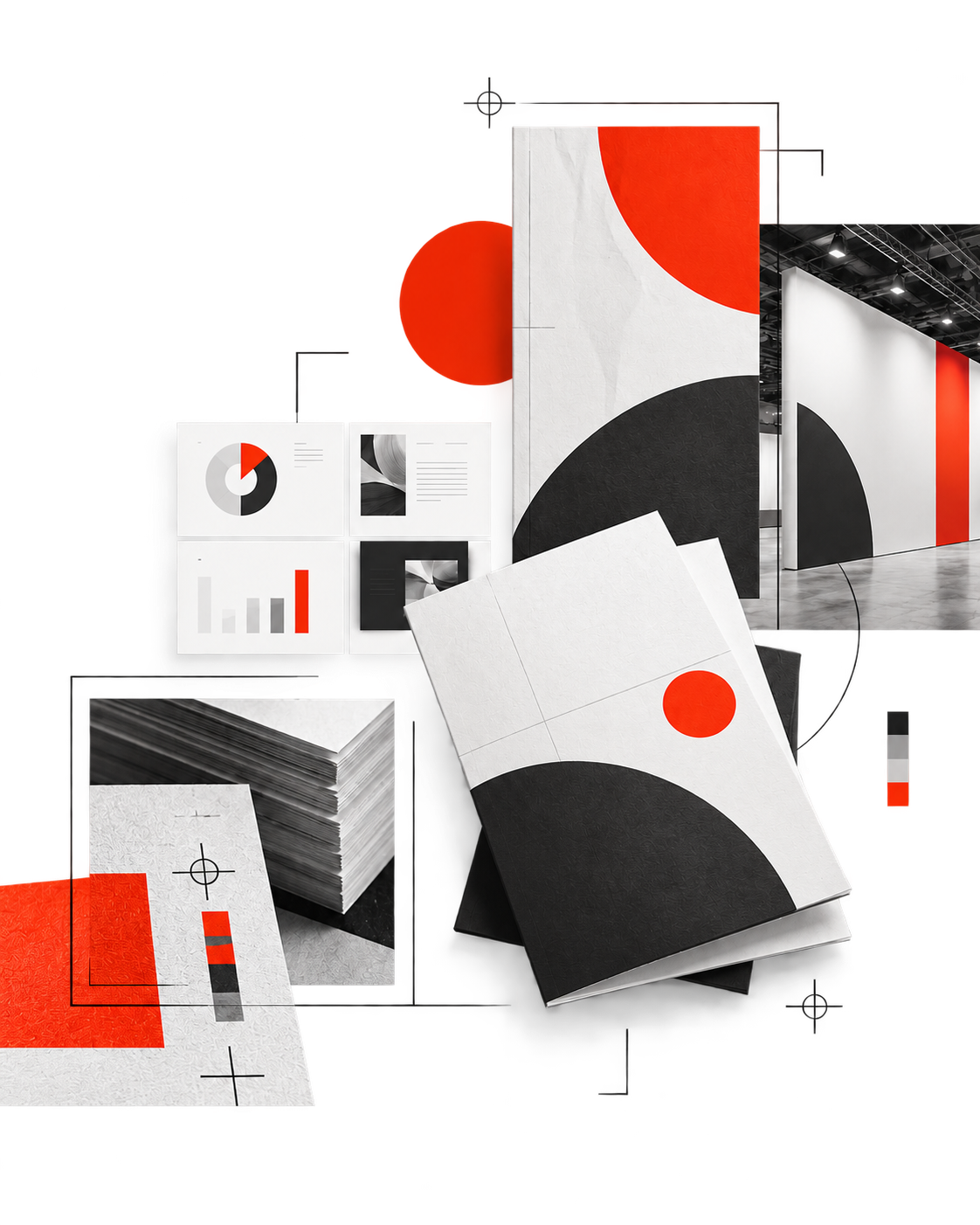 Collage of a brochure, presentation slides, a trade show wall and printed materials in red, black and white